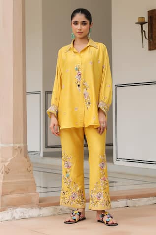 Floral Embroidered Yellow Pant Set 