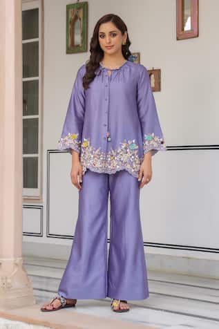 Label Niti Bothra Floral Embroidered Purple Pant Set 