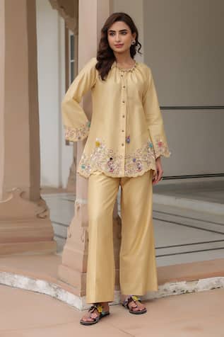 Label Niti Bothra Floral Embroidered Yellow Pant Set 