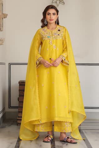 Label Niti Bothra Floral Embroidered Yellow Kurta Set 