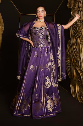 Ekaya Banaras Kadhwa Banarasi Purple Lehenga Set 