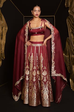 Ekaya Banaras Garnet Kadhwa Banarasi Lehenga Set 