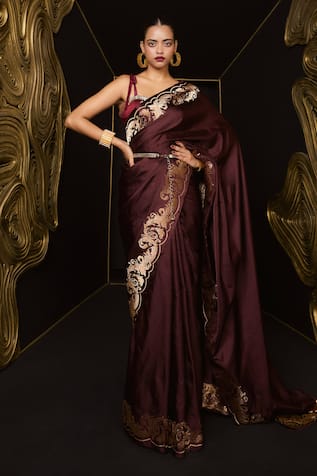 Ekaya Banaras Garnet Satin Silk Kadhwa Banarasi Saree 