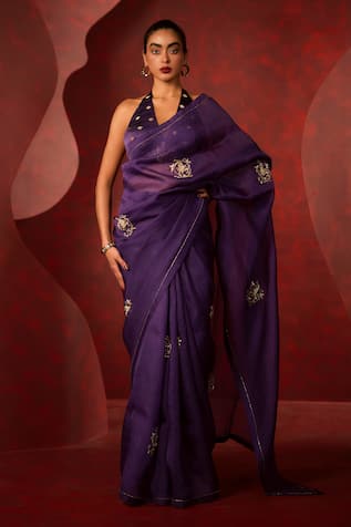Ekaya Banaras Purple Handwoven Zardozi Embroidered Saree 