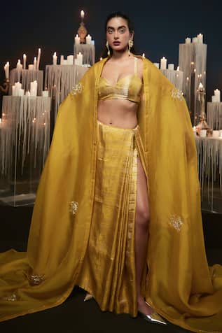 Ekaya Banaras Mustard Satin Cutwork Embossed Saree 