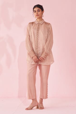 Studio Bagechaa Embroidered Blush Pink Shirt Pant Set 