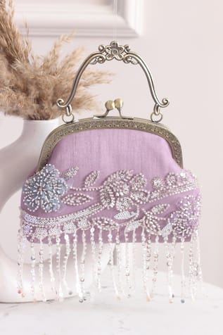 Embellished Fringe Floral Clutch Bag 