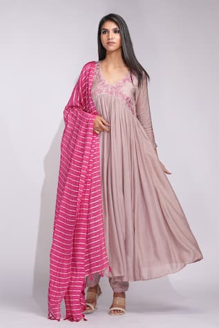 Shruti S Mulmul Anarkali Set with Striped Dupatta 