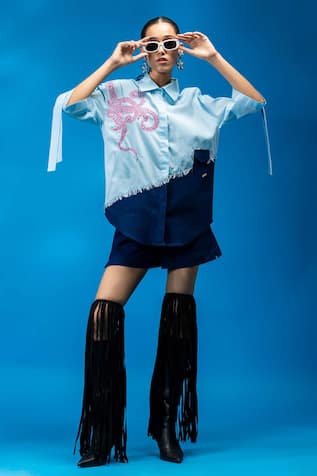 Angsa By Nidhir & Shelly Sky Blue Relax Fit Hand Embroidered Shirt 