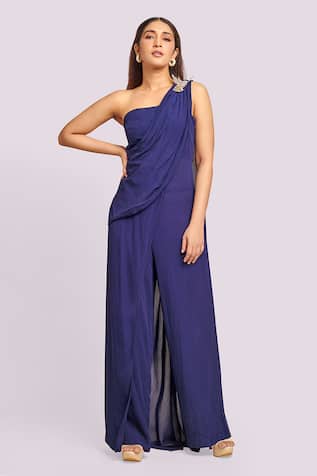 Blue Lotus Design One-Shoulder Draped Jumpsuit 