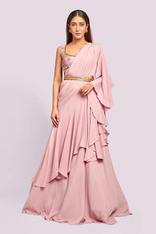 Blue Lotus Design Mauve Ruffled Embroidered Saree Set 
