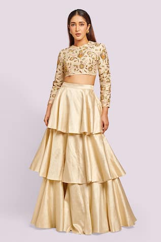 Blue Lotus Design Layered Silk Lehenga Set 
