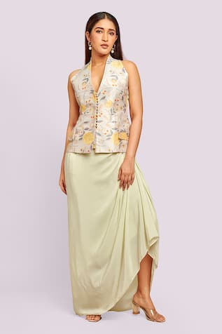 Blue Lotus Design Printed Halter Neck Top & Drape Skirt 