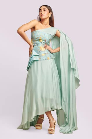 Blue Lotus Design Asymmetrical Light Blue Lehenga Set 