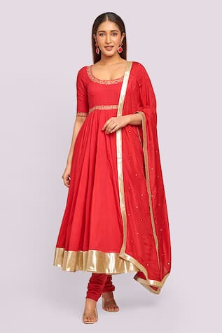 Blue Lotus Design Embroidered Cotton Anarkali Set 