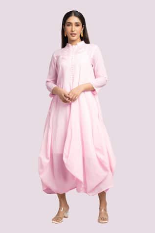 Blue Lotus Design Embroidered Light Pink Drape Dress 