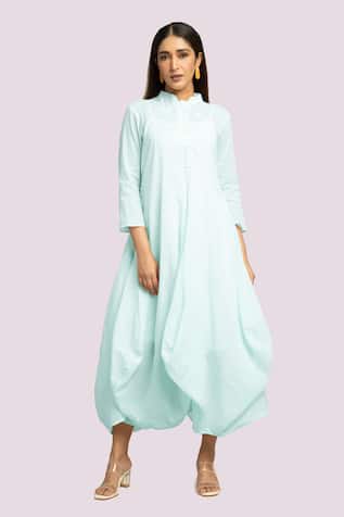 Blue Lotus Design Drape Dress With Embroidery 