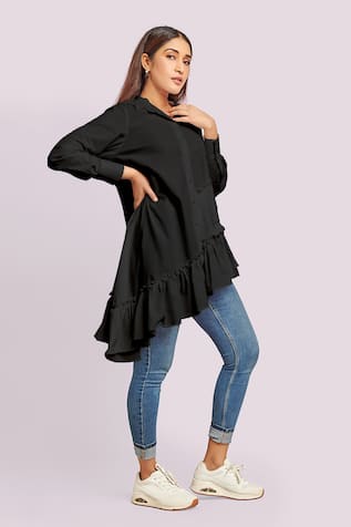 Blue Lotus Design Black Asymmetrical Ruffle Tunic 