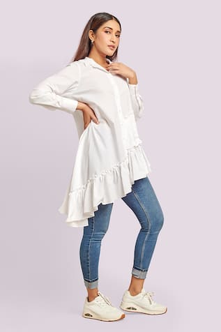 Blue Lotus Design White Asymmetrical Tunic With Ruffles 