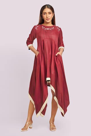 Blue Lotus Design Red Cotton Asymmetric Dress 