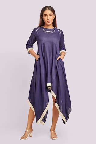 Blue Lotus Design Asymmetric Cotton Dress 