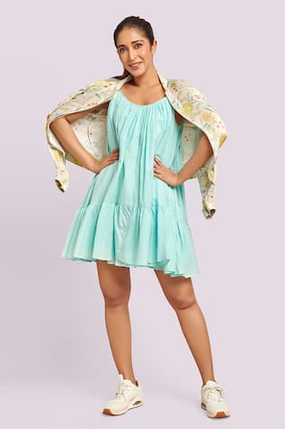 Blue Lotus Design Ruffled Tiered Cotton Dress 