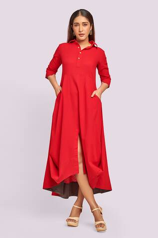 Blue Lotus Design Red Drape Dress With Contrast Detail 