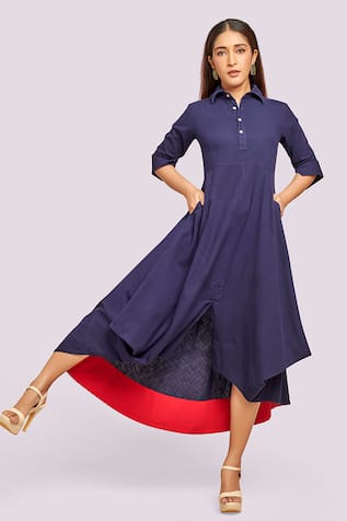 Blue Lotus Design Drape Dress with Contrast Detail 