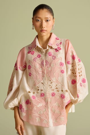 Chandrima Applique Floral Ivory & Pink Shirt 