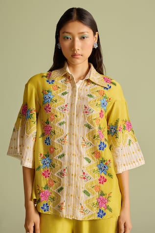 Chandrima Floral Embroidered Color Block Shirt 