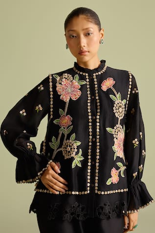 Chandrima Floral Embroidered Black Layered Shirt 