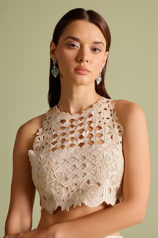 Chandrima Ivory Cutwork Chanderi Crop Top 