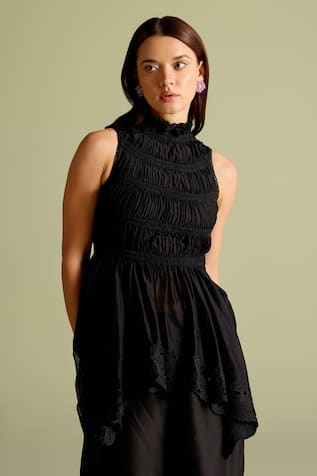 Chandrima Black Ruched Peplum Top 
