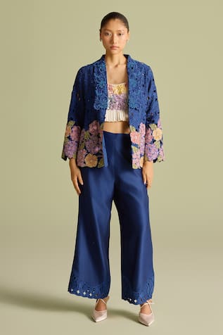 Chandrima Navy Tonal Cutwork Palazzo Pants 