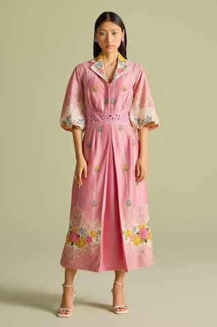 Chandrima Floral Chainstitch Embroidered Midi Dress 