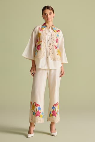 Chandrima Floral Applique Ivory Chanderi Pants 
