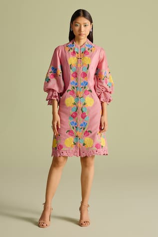 Chandrima Pink Applique Layered Short Dress 