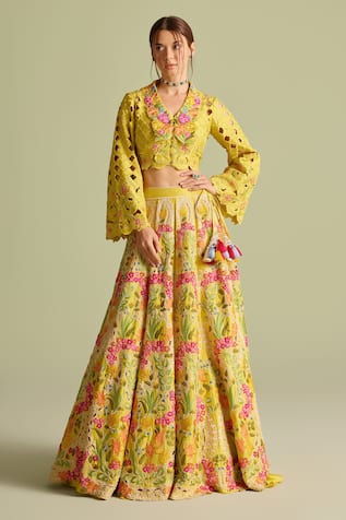 Chandrima Floral Embroidered Yellow Lehenga 