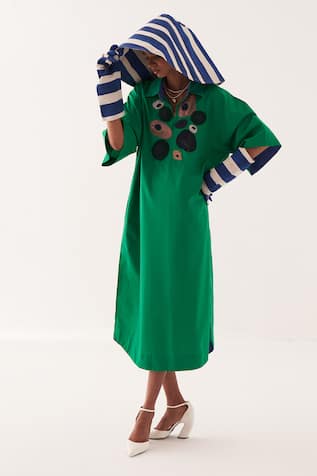 OFRIDA Emerald Green Embroidered Midi Dress 