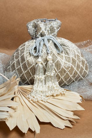 Cruzado Silver Potli with Pearl Work 