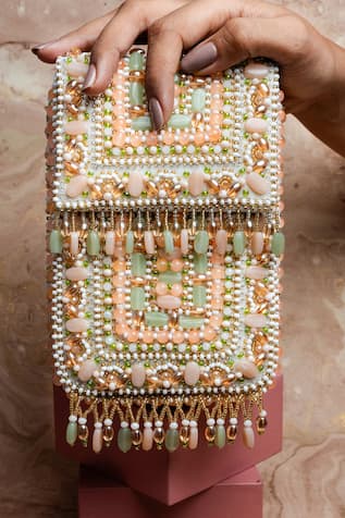 Nayaab By Sonia Pastel Beaded Studded Box Clutch 