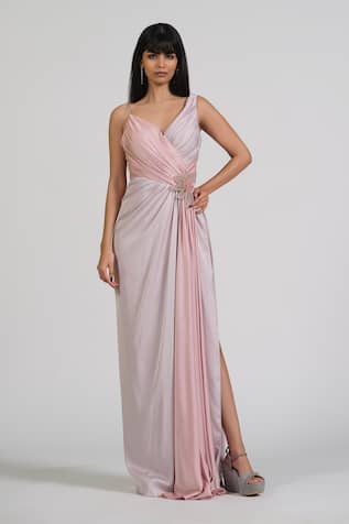 Astha Batra Crystal Zoup V Neck Drape Gown 