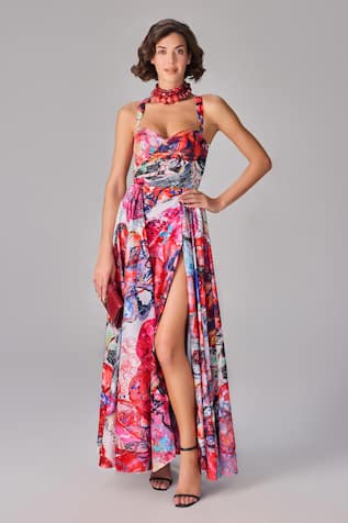 Saaksha & Kinni Floral Print Sweetheart Neck Maxi Dress 
