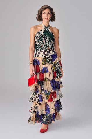 Saaksha & Kinni Floral Checkered Halter Neck Maxi Dress 