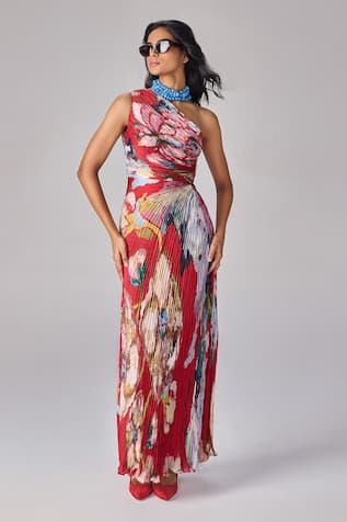 Saaksha & Kinni Abstract Floral Pleated One Shoulder Maxi Dress 