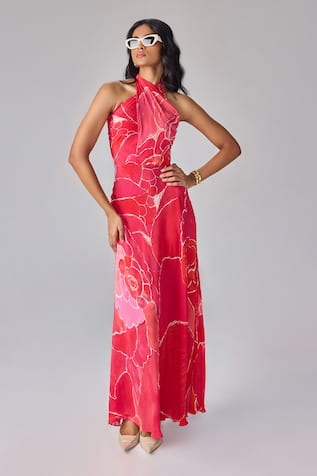 Saaksha & Kinni Abstract Floral Halter Neck Maxi Dress 