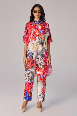 Saaksha & Kinni Abstract Floral Asymmetric Collared Tunic 