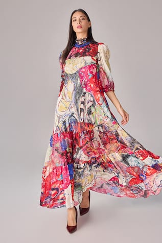 Saaksha & Kinni Abstract Floral Print Tiered Maxi Dress 