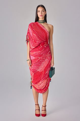 Saaksha & Kinni One Shoulder Abstract Floral Midi Dress 