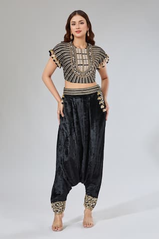 Geometric Embroidered Blouse & Dhoti Pant Set 